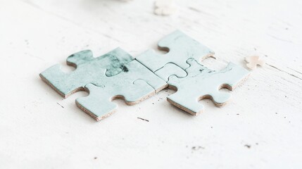 Authentic blank aquamarine green jigsaw puzzle. Two separate halves needing to be joined together. Metaphor for problem solving, unity complexity, networks and togetherness. 