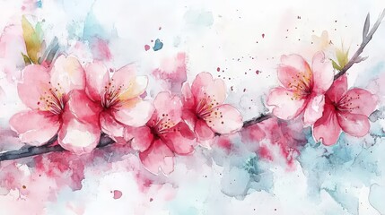 A watercolor painting of cherry blossoms on a branch with a soft, colorful background.