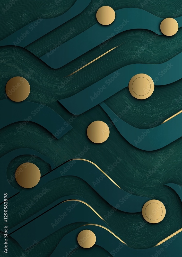 Poster abstract digital art piece with a dark green background. it has a repeating pattern of wavy lines an
