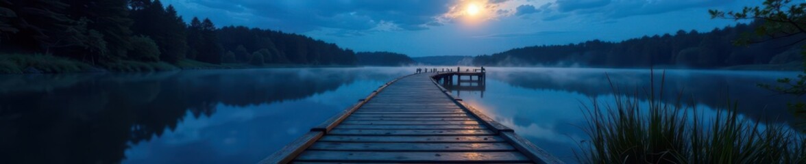 Fototapeta premium Moonlit lake path, wooden planks reflect starlight, reflection, wood, planks
