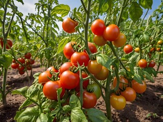 A closeup shot of a series of tomatoes on a tree in a greenhouse
