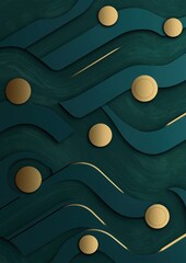 Abstract digital art piece with a dark green background. it has a repeating pattern of wavy lines and circles in various shades of green and gold.