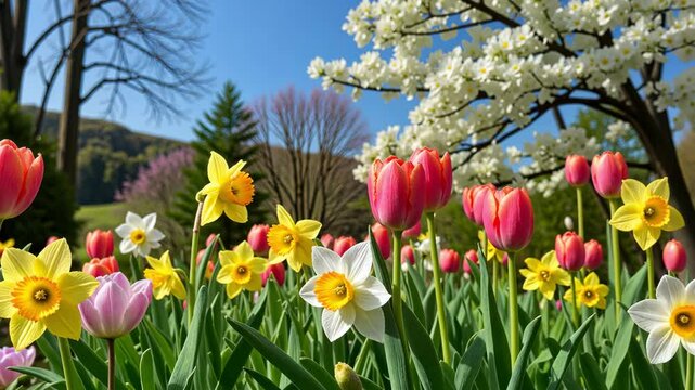 Vibrant spring garden filled with colorful tulips and daffodils, blooming trees under a clear blue sky