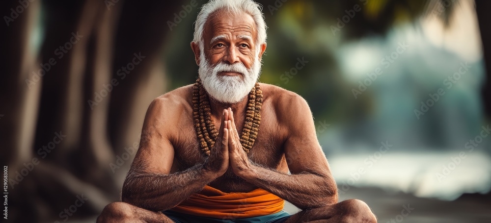 Poster man in a robe sits cross legged and praying. he is smiling and he is in a peaceful state of mind