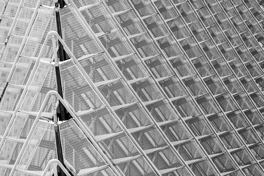 Black and white close-up of a modern facade with an intricate metal lattice.