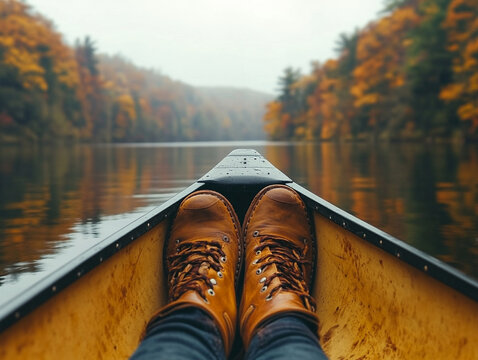 Enjoying a serene canoe ride on a calm autumn lake