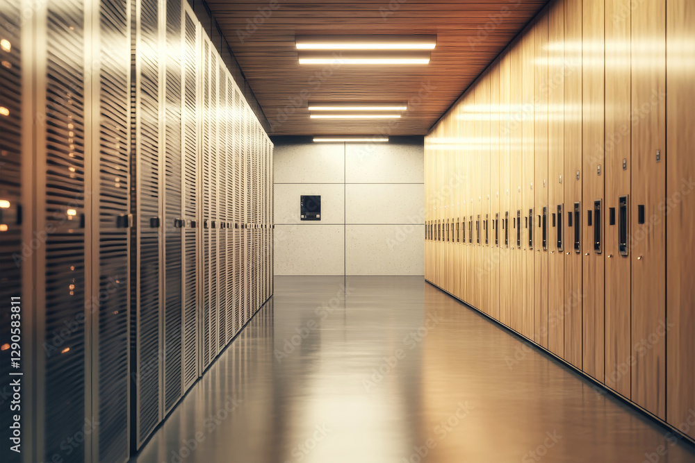 Poster modern data center showcasing sleek server cabinets highlighting storage and it technology in a spac