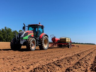 Modern tractor with large wheels plowing a vast agricultural field under a clear blue sky, tractor, vehicle, technology
