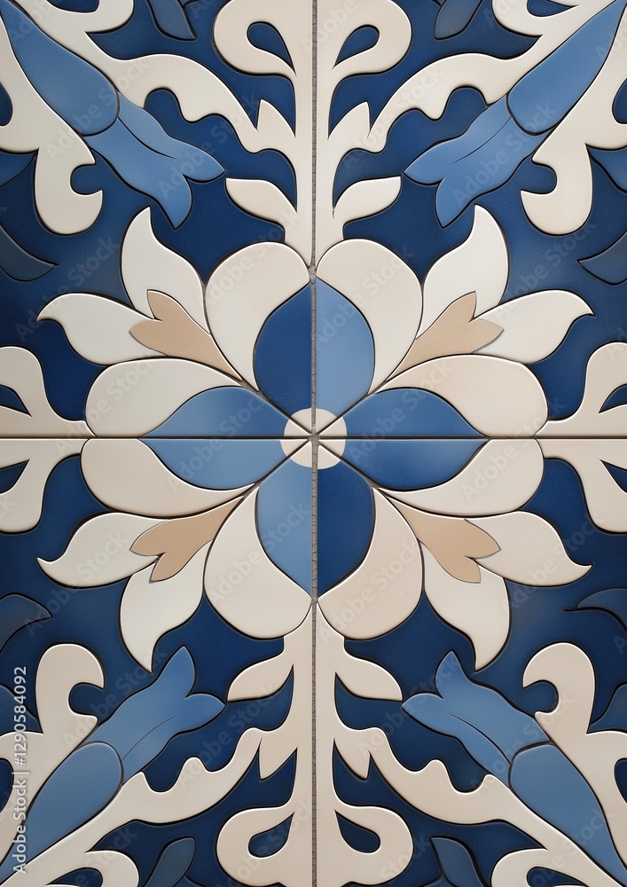 Poster close-up of a blue and white tile with an intricate design. the tile has a repeating pattern of whit