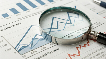 Analyzing financial data with magnifying glass reveals growth trends and insights. image showcases graphs and charts, emphasizing investment performance and market analysis