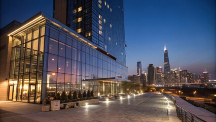 Obraz premium modern glass skyscraper hotel illuminated at night with city lights. sleek architecture and vibrant skyline create stunning urban atmosphere