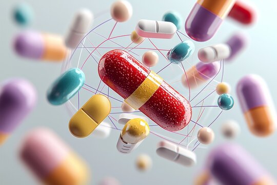 Colorful array of pills are flying through the air, with one red pill in the center. Concept of chaos and disorder, as the pills are scattered in all directions