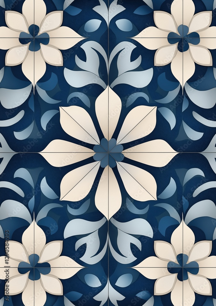Poster seamless pattern with a blue background and white flowers. the flowers are arranged in a symmetrical