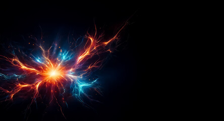 Fototapeta premium A vibrant burst of energy erupts against a dark backdrop. Glowing tendrils of orange and blue radiate outwards from a central point of light.