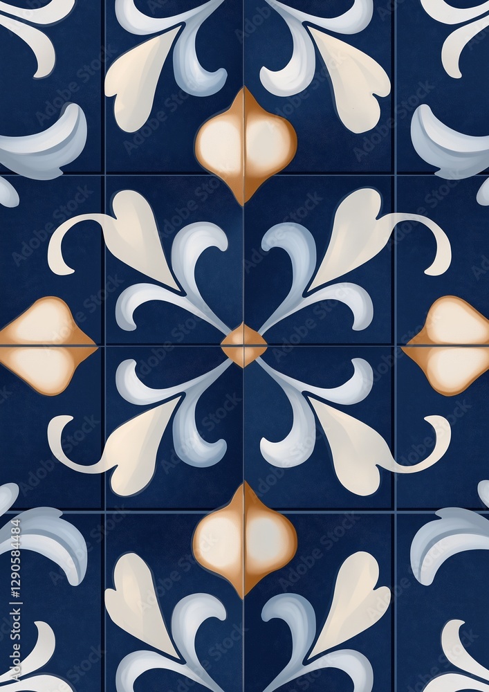 Aufkleber square tile with a blue background and a repeating pattern of white and orange flowers and leaves. t