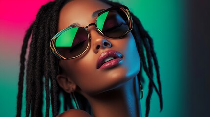 Woman with dreadlocks and sunglasses is smiling. The sunglasses are green and black. The woman's hair is long and curly