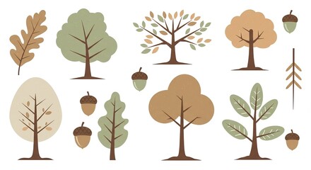 Autumn Trees and Leaves Illustration Set with Acorns - Perfect for Seasonal Design and Nature Themes
