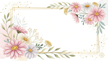 Naklejka premium soft and minimal floral frame featuring hand painted flowers in pastel colors, perfect for invitations or greeting cards. delicate design evokes sense of tranquility and beauty