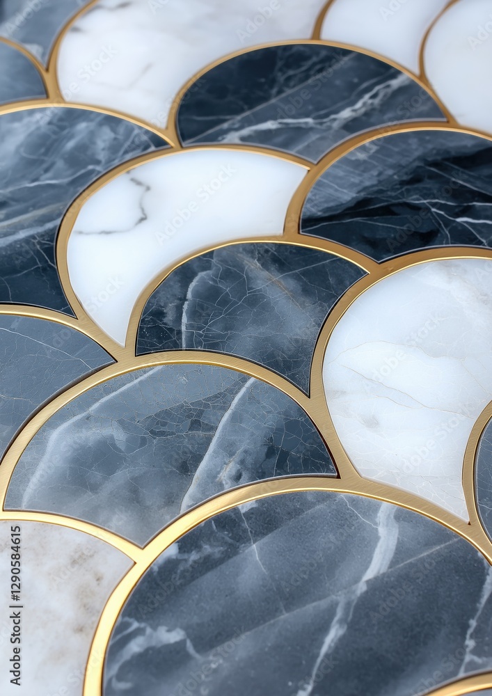 Poster close-up of a mosaic tile with a black and white marble pattern. the tiles are arranged in a circula
