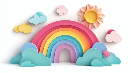 Colorful Rainbow with Clouds and Sun in a Whimsical Style