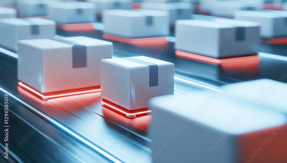 Poster automated package handling process warehouse digital art industrial environment close-up view effici