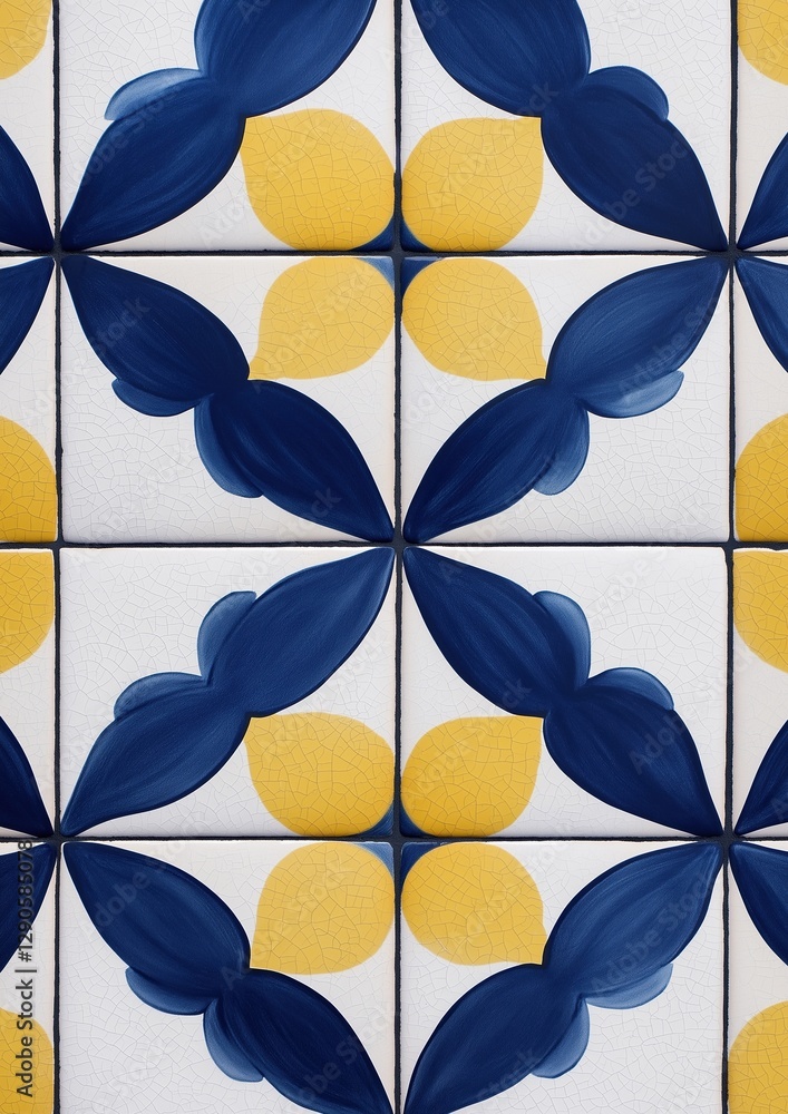 Poster square tile with a repeating pattern of blue and yellow flowers. the flowers are arranged in a symme
