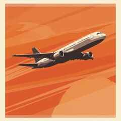 Dynamic Illustration of Airplane Soaring Through Vibrant Orange Sky - Ideal for Travel and Aviation Concepts