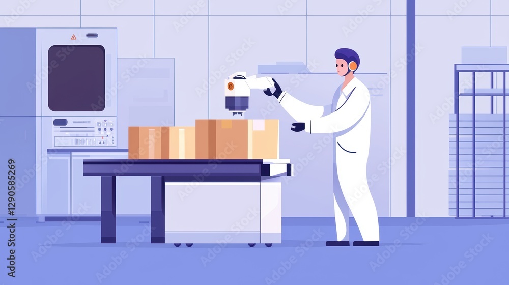 Poster automation in action warehouse robot sorting boxes industrial setting digital illustration futuristi