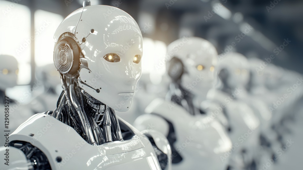 Poster robotic assembly line production futuristic factory digital imagery high-tech environment close-up a