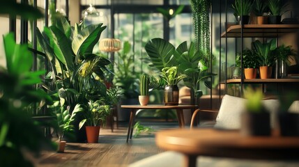 Cozy Indoor Garden With a Stylish Seating Area Surrounded by Lush Greenery in a Bright, Sunlit Space, Perfect for Relaxation and Inspiration