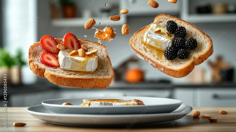 Poster two slices of bread with cheese and berries on top. one slice is in the air. the other slice is on a