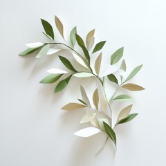 Origami olive branch on white background with paper leaves
