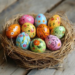 Fototapeta premium Decorative Easter eggs in grass nest with wooden backdrop