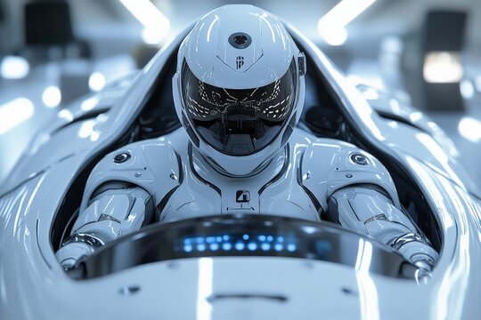 Innovative humanoid robot pilot preparing for a flight simulation in a high-tech laboratory environment