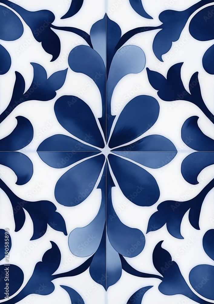Poster square tile with a blue and white floral pattern. the pattern is made up of a repeating design of a 