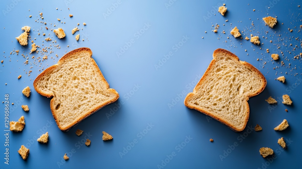 Poster two slices of bread with crumbs on a blue background. the bread is open and the crumbs are scattered