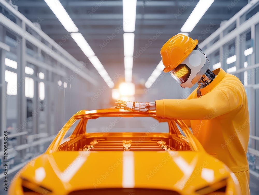 Poster robot assembly action on car manufacturing line factory setting 3d rendered environment futuristic t