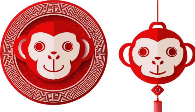 Festive Red Monkey Designs Chinese New Year Decorations Paper Cut Style Circular Hanging Ornament