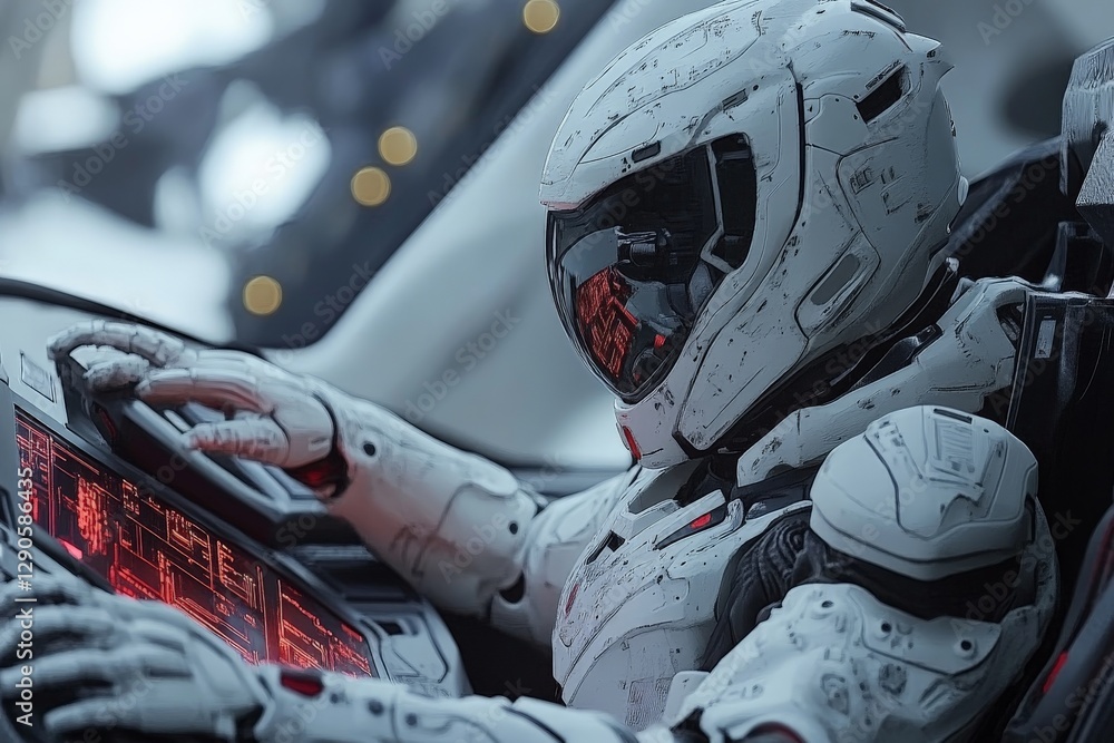 Poster Spacesuit-clad pilot interacts with advanced cockpit controls in a futuristic spacecraft during a critical mission in deep space