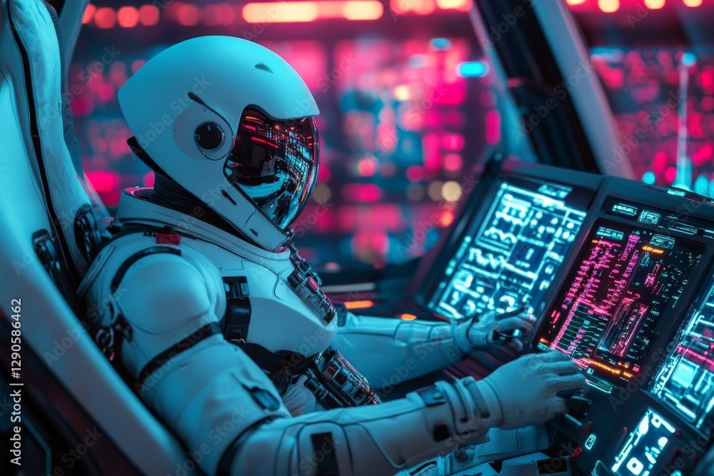 Leinwandbilder astronaut operating advanced control panel in futuristic space environment with neon lighting