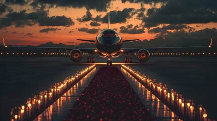 Private jet on runway, sunset, candles, mountains. Travel agency ad