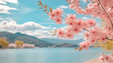 Beautiful scene of a cherry blossom tree with pink flowers and a blue sky. The tree is located near a body of water, and the overall mood of the image is serene and peaceful