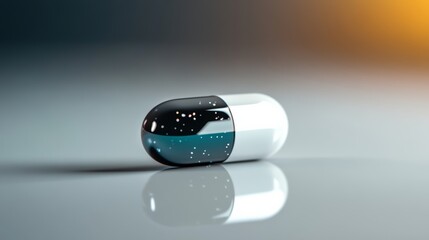 Pill is shown with a blue and white design on it. The pill is sitting on a table and the reflection of the pill is visible in the table. The pill appears to be a medicine or a vitamin pill