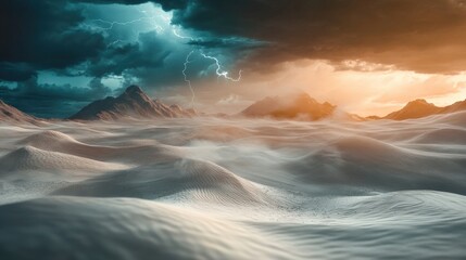 A stunning portrayal of a desert landscape under an electrifying stormy sky, highlighting the contrast between nature's beauty and its ferocity in the environment.