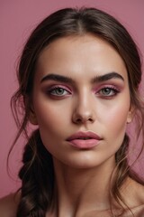 Fototapeta premium Beautiful Pink Makeup Look Soft Eyes Braided Hair
