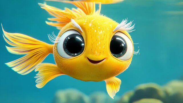 A cheerful cartoon fish with big eyes swimming in a vibrant ocean.