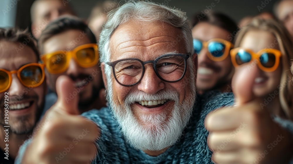 Poster man with glasses and a beard is smiling and giving thumbs up to the camera. he is surrounded by othe