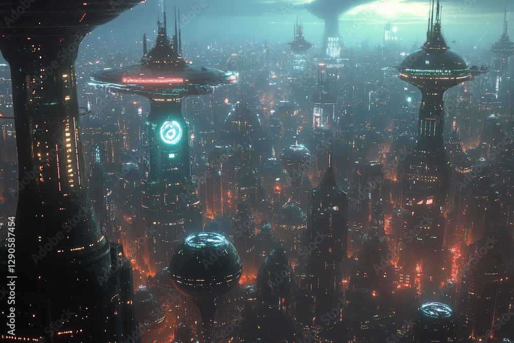 Poster futuristic cityscape with towering structures, bright lights, and hovering vehicles at dusk, showcas