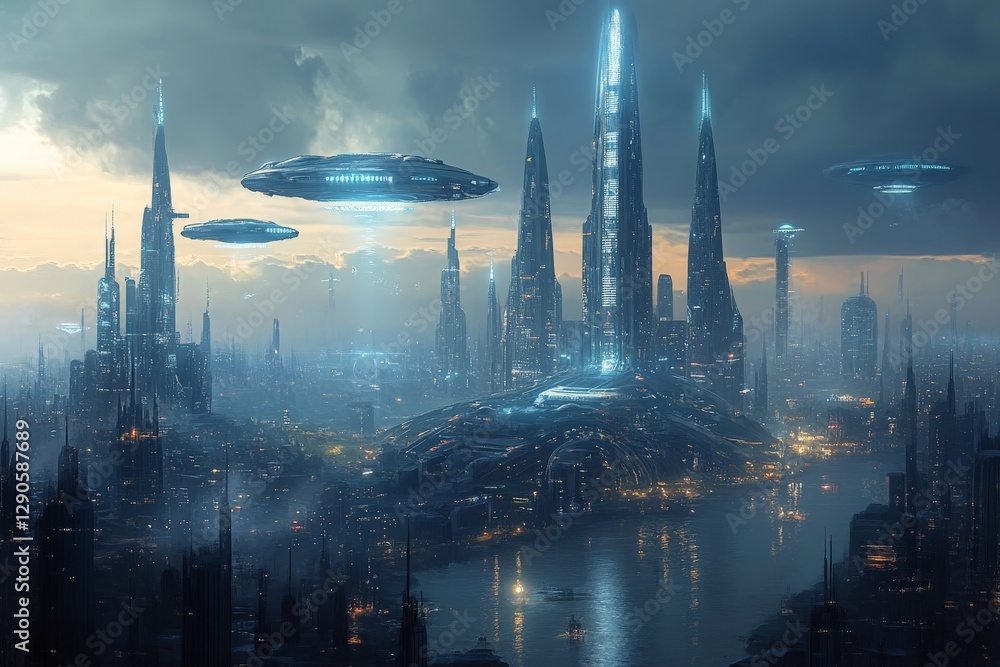 Poster futuristic cityscape with hovering spacecraft and towering skyscrapers at dusk