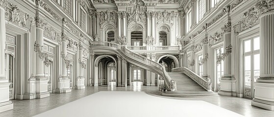 Grand white palace interior, ornate staircase, sunlight.
